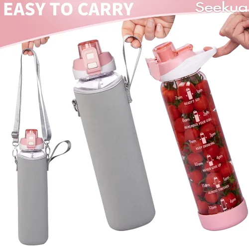 Miniatura 5 de Botella de agua deportiva de vidrio de 32 onzas con popote y marcador de tiempo, botella de vidrio motivacional reutilizable grande para agua Rosa