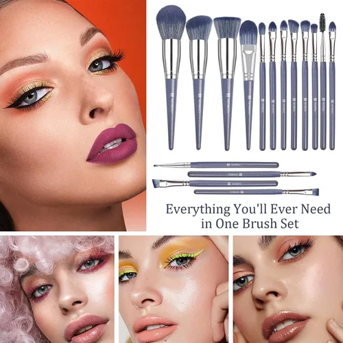 Miniatura 6 de Brochas de Maquillaje, HEYMKGO Juego de 16 Brochas de Maquillaje Profesionales Sintéticas para Base Difuminado Rubor Brochas Faciales, Kit de Azul
