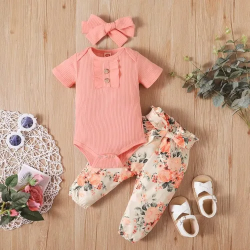 Miniatura 2 de Conjunto de ropa para bebé recién nacida, conjunto de trajes de niña con volantes y diadema 3 piezas de verano