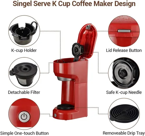 Miniatura 8 de Cafetera de una sola porción para cápsulas de café molido, cafetera pequeña de 1000 W con filtro de depósito de 6 a 14 onzas, botón de un solo toque