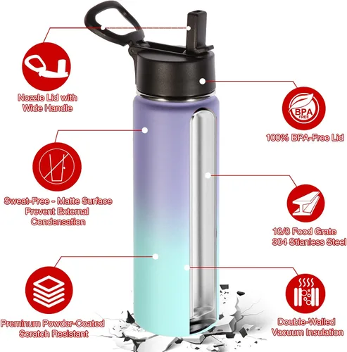 Miniatura 5 de Volhoply Botellas de agua aisladas de 22 onzas con tapa con popote, botella de acero inoxidable con asa, vasos de agua de viaje de metal de doble
