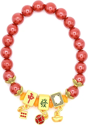Miniatura 2 de Pulsera de cinabrio natural con cobre chapado en oro Mahjong Design Charm Lucky Bead Tamaño 0.315 in