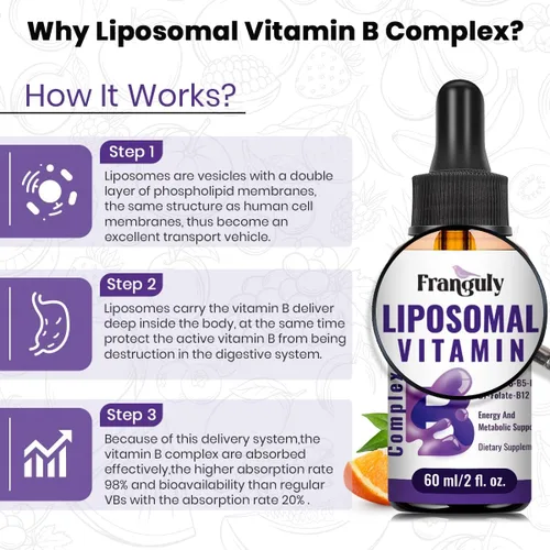 Miniatura 9 de Complejo de vitamina B liposomal líquido sublingual complejo B suplemento de vitaminas para mujeres y hombres mejora la absorción metilada B12, B1