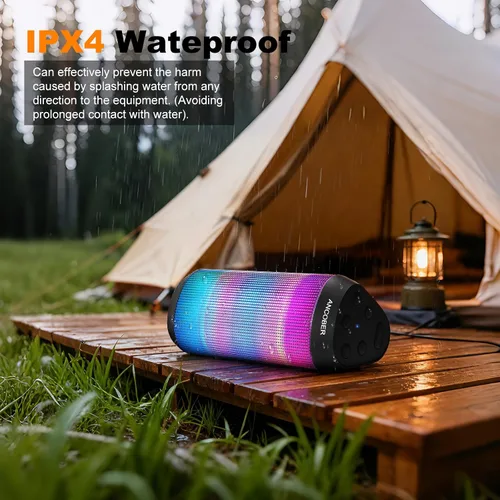 Miniatura 7 de Altavoz Bluetooth portátil, potente sonido estéreo HD, IPX4 impermeable, hasta 36 horas de reproducción, 8 modos de luz LED fría, emparejamiento