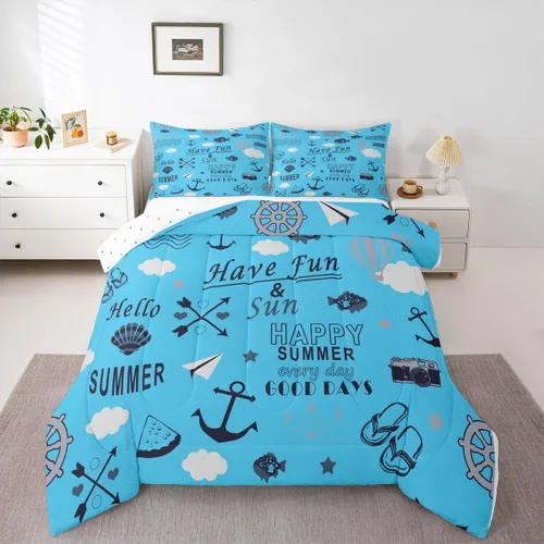 Miniatura 11 de Juego de edredón de casa del lago, tamaño individual, juego de ropa de cama con ancla náutica para niños, adolescentes y adultos, edredón retro
