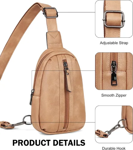 Miniatura 6 de MASINTOR Bolso bandolera pequeño para mujeres y hombres, cangurera cruzada de cuero vegano con múltiples compartimentos para uso diario, Camel