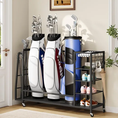 Miniatura 3 de HOOBRO Golf Bag Storage Garage Organizer, Golf Bag Storage Stand Fits 3 Golf Bags and Golf Equipment Rack with Wheels, Extra Storage Rack for