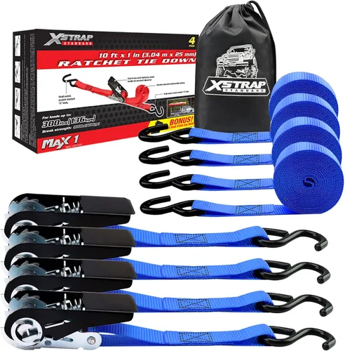 XSTRAP STANDARD Correas de amarre de trinquete, paquete de 4 unidades, 10 pies, tapa de carga de 300 libras, correas de carga de resistencia a la