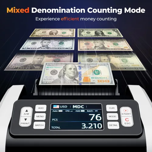 Miniatura 2 de MUNBYN IMC09 Máquina contadora de dinero de denominación mixta, contador de valores, contador de billetes UV/MG/IR/MT, máquina de conteo de dinero