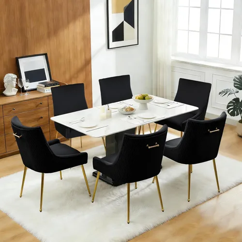 Miniatura 9 de adochr Juego de 2 sillas de comedor modernas con patas de metal dorado, silla de cocina tapizada de terciopelo, respaldo plisado, silla decorativa