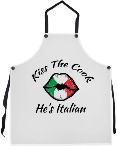 P.S. I Love Italy Delantal italiano Kiss the Cook He's - Delantal italiano para hombres y mujeres con temática italiana, Blanco