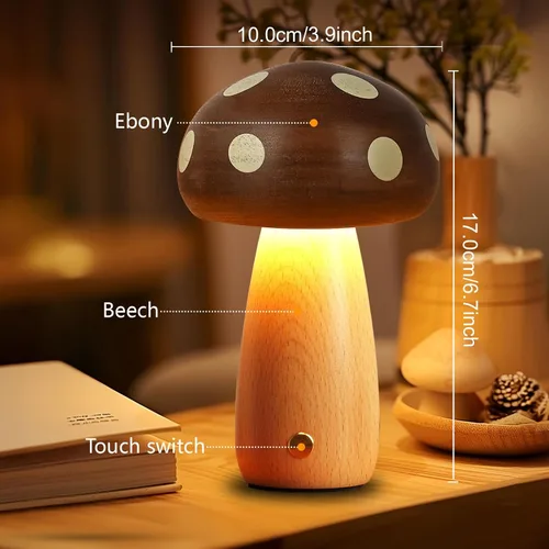 Miniatura 7 de LONRISWAY Paquete de 2 lámparas de mesa LED de madera con forma de hongo, lámparas pequeñas recargables inalámbricas táctiles, luz nocturna