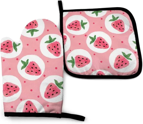 Juego de 2 manoplas de horno y soportes para ollas de fresa rosa, resistentes al calor, bonitos guantes de horno con superficie antideslizante para