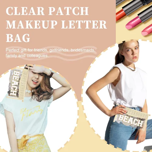 Miniatura 4 de Iqimott 2 bolsas de maquillaje con parches transparentes, bolsa de letras boho para nadar en la playa, bolsas de maquillaje impermeables