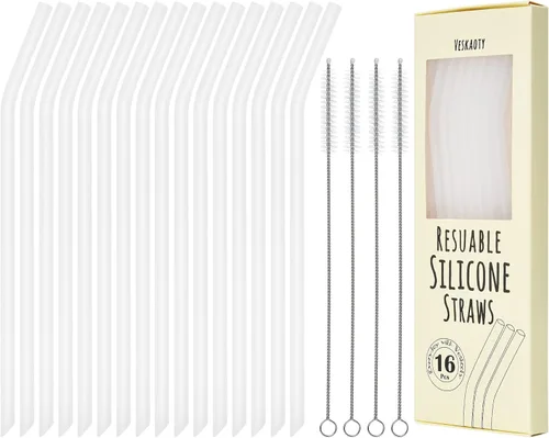 Popotes reutilizables de silicona transparentes, 16 piezas de popotes largos y flexibles con 4 cepillos de limpieza para vasos Yeti/Rtic/Ozark de 20