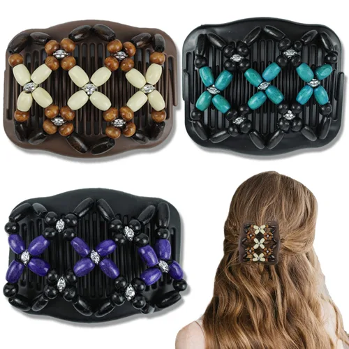 Miniatura 7 de 3 piezas de peine elástico mágico para el cabello, doble peine elástico, horquillas para mujeres, horquillas con cuentas, niñas, peinado vintage