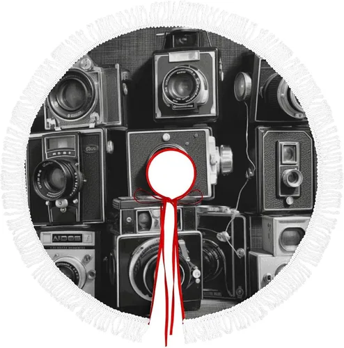 Large Retro Cool Camera Collection Christmas Tree Skirt Xmas Soft Cover Mat Decor Vintage Tree Skirts with White Tassel for Home Party Holiday