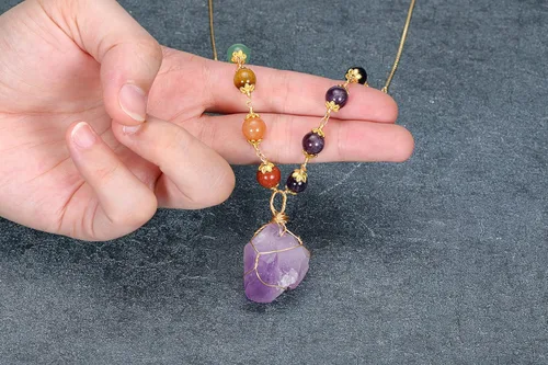 Miniatura 2 de Jovivi Collares de piedra curativa de 7 cuentas de chakras para mujer, ajustable, chapado en oro de 14 quilates, envuelto en alambre de cristal