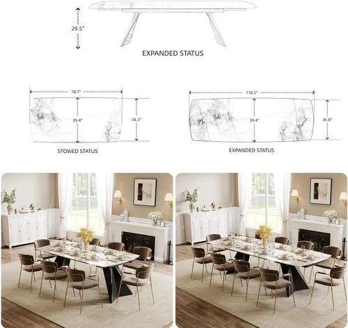 Miniatura 4 de Honyee Mesa de comedor extensible con hojas, piedra sinterizada rectangular de 78 a 110 pulgadas, moderna mesa de comedor grande con asientos de 6