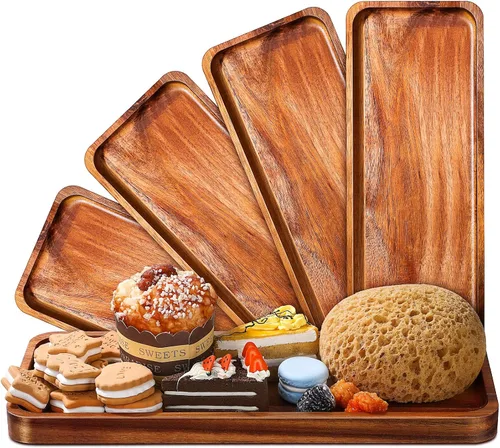 Miniatura 7 de Roowest Paquete de 5 bandejas de madera de acacia maciza para grabado láser, tablero rectangular de madera para aperitivos de alimentos, platos