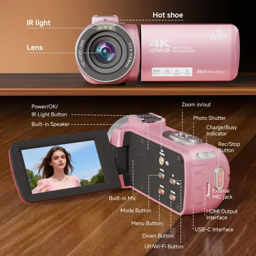 Miniatura 8 de Videocámara, Grabadora de Video Digital 4K 56MP 18X Zoom 3" Pantalla Táctil con Rotación de 270° Visión Nocturna IR, Cámara para Vlogs WiFi para Rosa