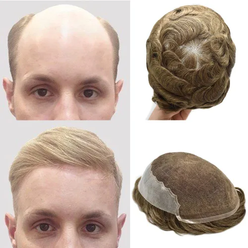 Miniatura 65 de Mens Toupee Swiss Lace Mens Hair Piece Sistema de reemplazo de cabello para hombres Toupee para hombres Cabello humano nudo blanqueado protesis