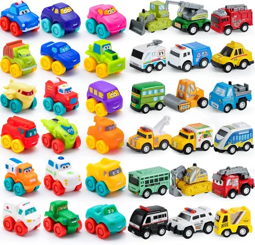 JOYIN Juego de 18 autos de tracción hacia atrás y 18 piezas de juguete de goma suave, mini vehículos de juguete, auto para niños pequeños, recuerdos