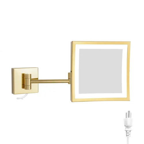 DOWRY Espejo de maquillaje cuadrado con aumento 5X iluminado LED montado en la pared con enchufe, 8 pulgadas, acabado dorado pulido Dowry1802D-8x5