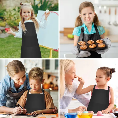 Miniatura 5 de Juego de 15 delantales para niños, delantal ajustable para niños con 2 bolsillos, delantal de chef para niños para pintar, cocinar, hornear, Negro