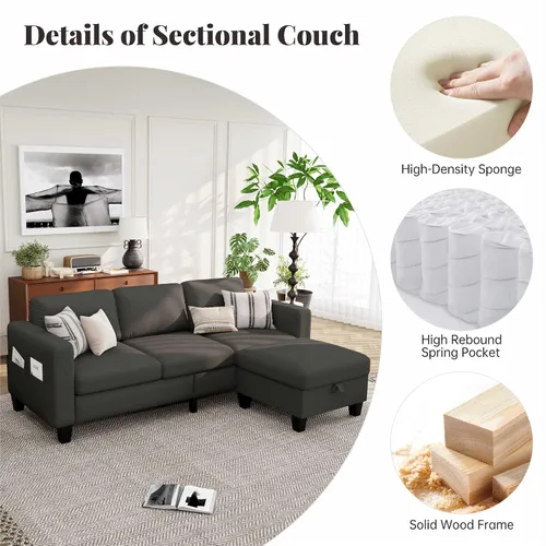 Miniatura 2 de Sofás Seccionales para Sala de Estar - Sofá Moderno en Forma de L de Lino Gris Oscuro de 3 Plazas con Otomana de Almacenamiento Reversible