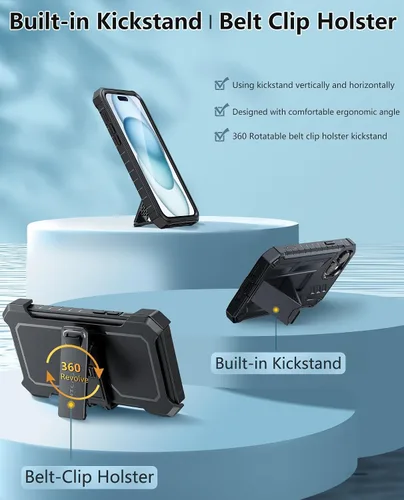 Miniatura 3 de FNTCASE Funda para iPhone 15 Plus: protección contra caídas Funda resistente con clip para cinturón y soporte de grado militar con textura mate TPU