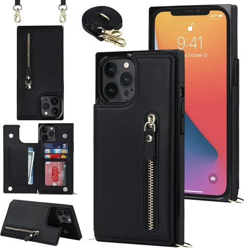 Miniatura 23 de Funda cruzada para teléfono iPhone 13 Pro Max de cuero con tarjetero, funda protectora extraíble, correa de cuero ajustable con botón, compatible