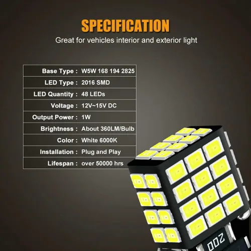 Miniatura 3 de 48-LEDs Launch T10 194 2825 Bombilla LED Blanca 6000K 12V Super Brillante 158 160 168 175 W5W 168NA 194NA Reemplazo para Luz Interior de Coche