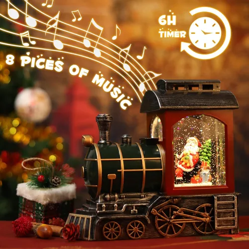 Miniatura 2 de Linterna de globo de nieve de tren rojo de Papá Noel, brillante, globo de nieve musical, decoraciones de Navidad, temporizador de 6 horas, funciona