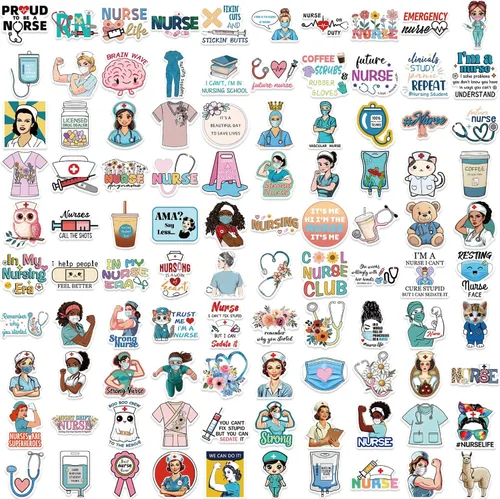Miniatura 6 de Divertidas calcomanías para enfermeras para niñas, enfermeras adultas, 100 unidades, lindas calcomanías estéticas de enfermería impermeables