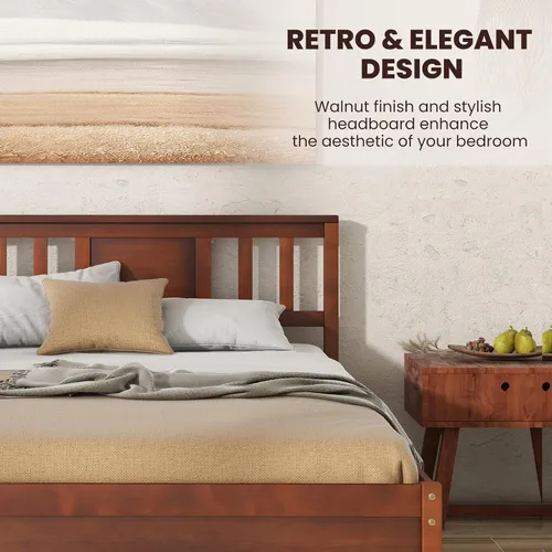 Miniatura 4 de Giantex Marco de cama individual con cabecero, cama de plataforma de madera maciza de mediados de siglo, cama de panel individual con soporte