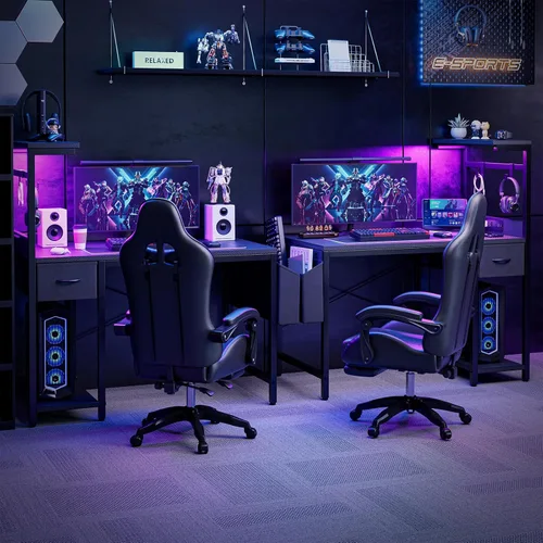 Miniatura 4 de Grandder - Escritorio de juegos de 40 pulgadas con toma de corriente y luz LED, escritorio para computadora con estantes reversibles y cajón
