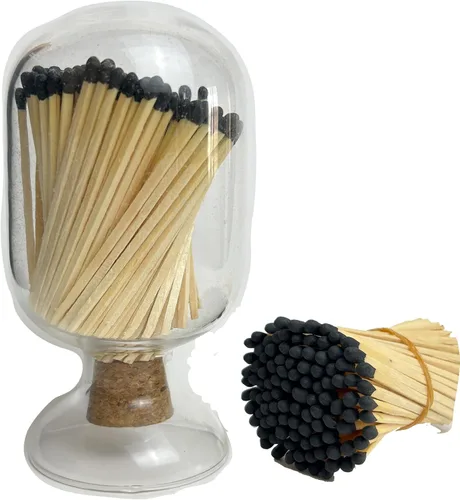 Cerillas negras de 3 pulgadas incluidas, soporte de vidrio con golpeador, Cloche de vidrio con golpeador, fósforos en un frasco con golpeador, tarro
