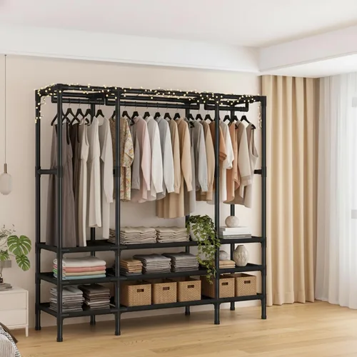 Miniatura 4 de Armario portátil para colgar ropa, perchero con funda, armario portátil con 2 varillas para colgar, 6 estantes de almacenamiento, 43.3 pulgadas