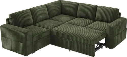 Miniatura 9 de HONBAY - Sofá seccional modular con cama desplegable, sofá en forma de L de pana con almacenamiento, sofás seccionales para sala de estar, verde