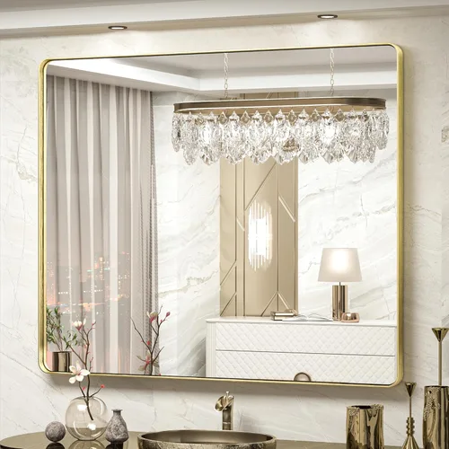 Miniatura 94 de TokeShimi Espejo redondo dorado de 36 pulgadas, espejo redondo de baño para pared con aleación de aluminio antioxidante, marco de metal dorado Oro