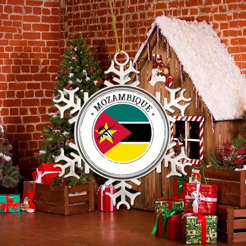 Miniatura 5 de Mozambique - Adornos de Navidad de copo de nieve de metal, recuerdo patriótico, regalo de recuerdo de país, adornos de Navidad para árbol, bandera