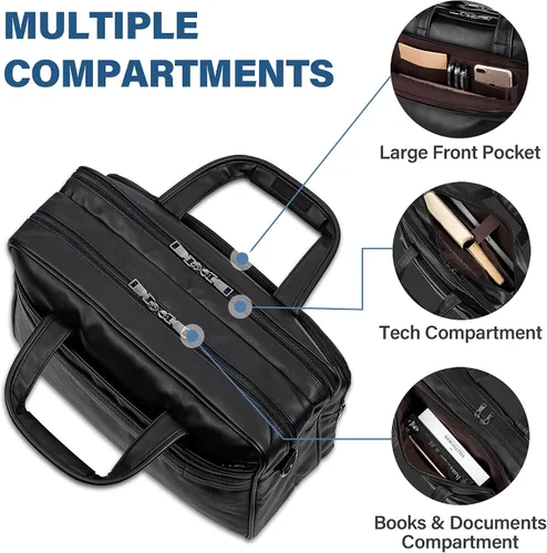 Miniatura 6 de seyfocnia Bolsa de cuero para laptop, para hombre, 15.6 pulgadas, 17.3 pulgadas, maletín de mensajero, bolsa de negocios, bolso de computadora