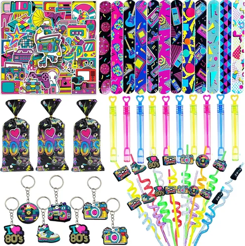 CHSLtmxq 122 PCS Decoraciones de Fiesta de los Años 80, Set de Suministros de Favores de Fiesta Temática de los Años 90, Pulseras Slap y Llaveros