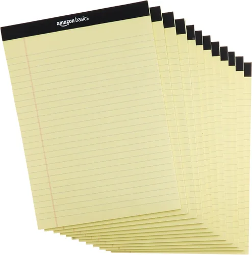 Amazon Basics Bloc de notas de escritura con rayas anchas de 50 hojas, 8.5 x 11.75 pulgadas, paquete de 12, 600 hojas perforadas, canario