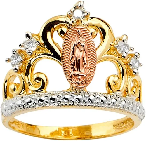 Savlano Anillo de corona religiosa para mujer, chapado en oro de 18 quilates, color amarillo y rosa, Virgen María de Guadalupe con circonita cúbica
