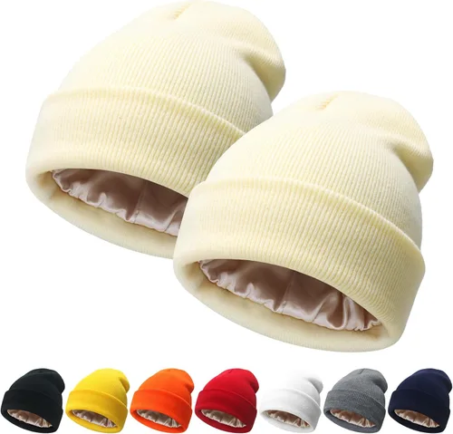 Miniatura 20 de NPQQUAN 2 PCS Satin Lined Beanie for Women Silk Lined Beanies Winter Warm Soft Lining Cuffed Knit Beanie Hats for Women