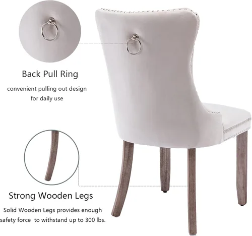 Miniatura 6 de Juego de 4 sillas de comedor de terciopelo beige, sillas de comedor tapizadas con adorno de tirador de anillo trasero y patas de madera maciza