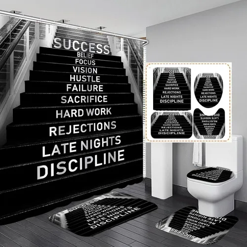 Juego de 4 cortinas de ducha con citas inspiradoras, escaleras de arte en blanco y negro, decoración de baño motivacional para hombres, cortina de