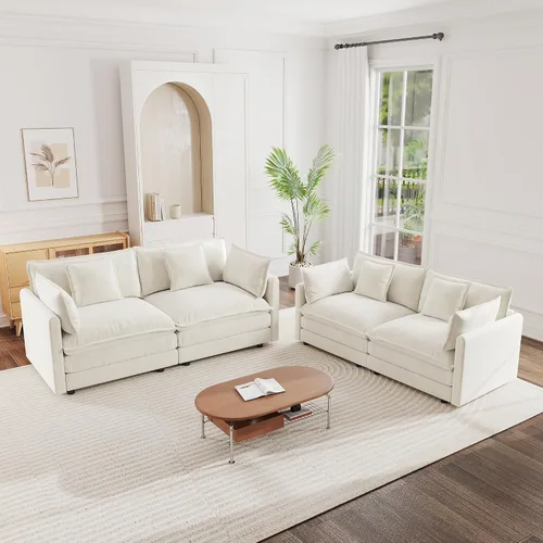 Miniatura 19 de mikibama Juego de sofá biplaza y sillón de lujo de 2 piezas, moderno juego de sofás nube tapizados de chenilla con 5 almohadas para sala de estar